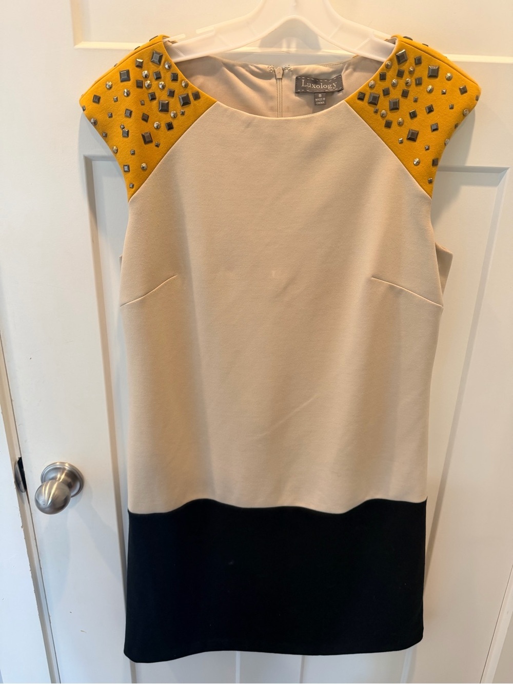 Luxology Studded Colorblock Sheath Dress Size 8 Beige Black Gold